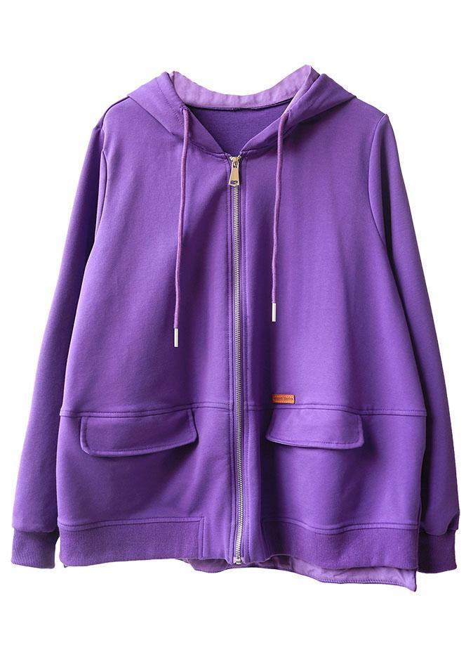 Art Purple Loose Zippered Pockets Fall Long Sleeve Hooded Coat - bagstylebliss