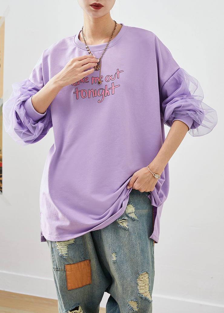 Art Purple Oversized Patchwork Cotton Pullover Streetwear Fall