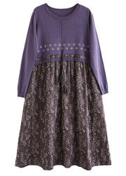 Art Purple Print Lace Up Patchwork Knitting Long Dress Fall