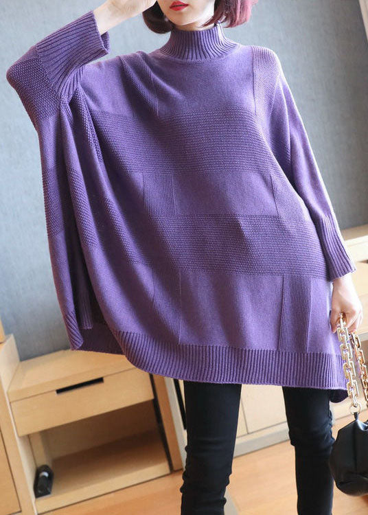 Art Purple Turtleneck Solid Loose Fall Long Sweater