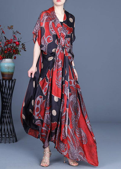 Art Red Dot Print Silk Two Pieces Set Summer long Dress - bagstylebliss