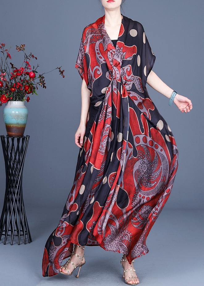 Art Red Dot Print Silk Two Pieces Set Summer long Dress - bagstylebliss