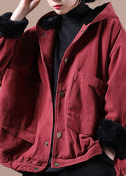 Art Red Hooded Pockets Warm Fleece Coat Winter