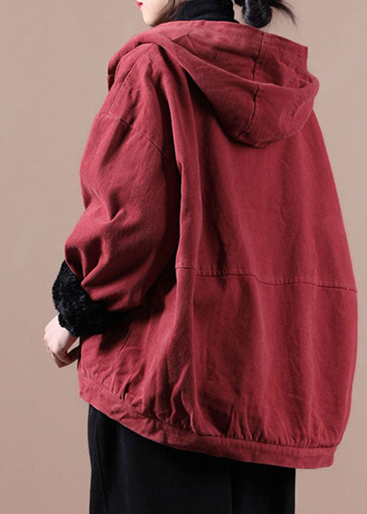 Art Red Hooded Pockets Warm Fleece Coat Winter