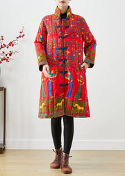 Art Red Mandarin Collar Print Fine Cotton Filled Parka Winter