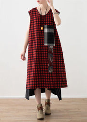 Art Red Plaid Cotton Linen Asymmetrical Design Patchwork Party Dresses - bagstylebliss