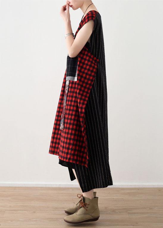 Art Red Plaid Cotton Linen Asymmetrical Design Patchwork Party Dresses - bagstylebliss