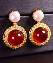 Art Red Sterling Silver Overgild Pearl Agate Stud Earrings