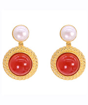 Art Red Sterling Silver Overgild Pearl Agate Stud Earrings