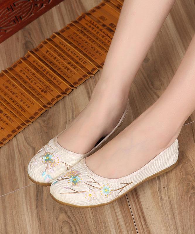 Art Splicing Flat Shoes For Women Beige Embroideried Cotton Linen Fabric - bagstylebliss