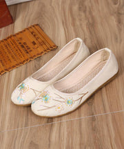 Art Splicing Flat Shoes For Women Beige Embroideried Cotton Linen Fabric - bagstylebliss
