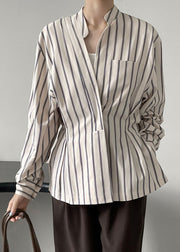 Art Striped Stand Collar Flattering Shirt Long Sleeve