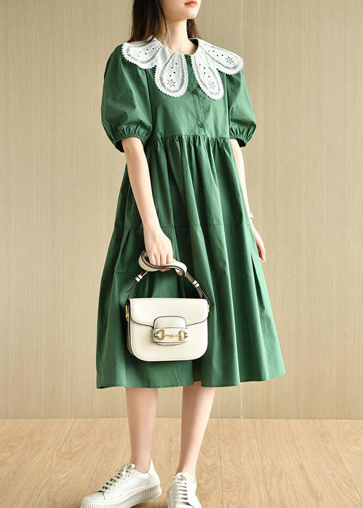 Art Tea Green lantern sleeve Button Summer Cotton Vacation Dresses - bagstylebliss