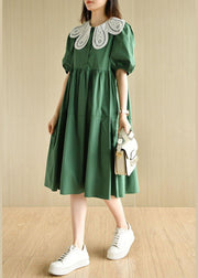 Art Tea Green lantern sleeve Button Summer Cotton Vacation Dresses - bagstylebliss