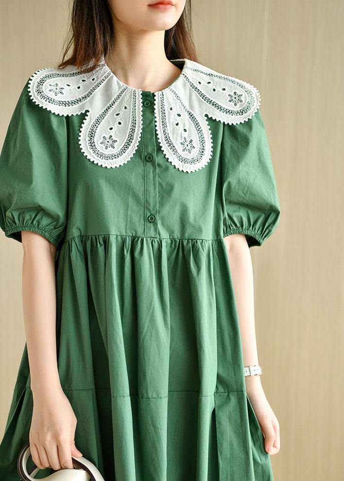 Art Tea Green lantern sleeve Button Summer Cotton Vacation Dresses - bagstylebliss