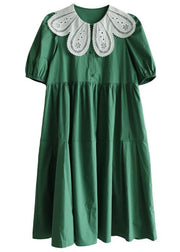 Art Tea Green lantern sleeve Button Summer Cotton Vacation Dresses - bagstylebliss