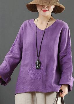 Art V Neck Embroidery Spring Purple Blouse - bagstylebliss