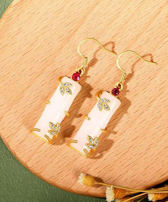 Art White Ancient Gold Inlaid Zircon Jade Bamboo Joint Drop Earrings