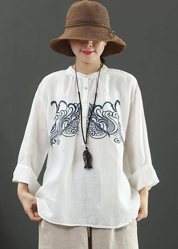 Art White Embroidery Tops Women Stand Collar Daily Spring Top - bagstylebliss