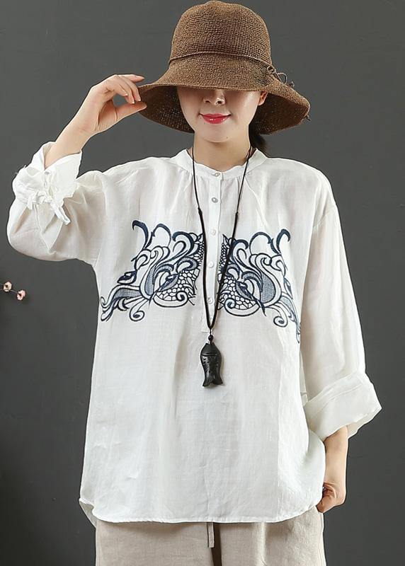Art White Embroidery Tops Women Stand Collar Daily Spring Top - bagstylebliss