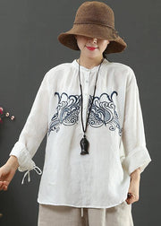 Art White Embroidery Tops Women Stand Collar Daily Spring Top - bagstylebliss