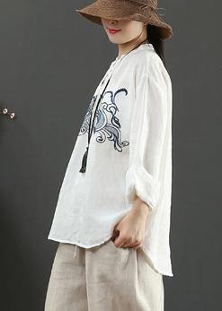 Art White Embroidery Tops Women Stand Collar Daily Spring Top - bagstylebliss