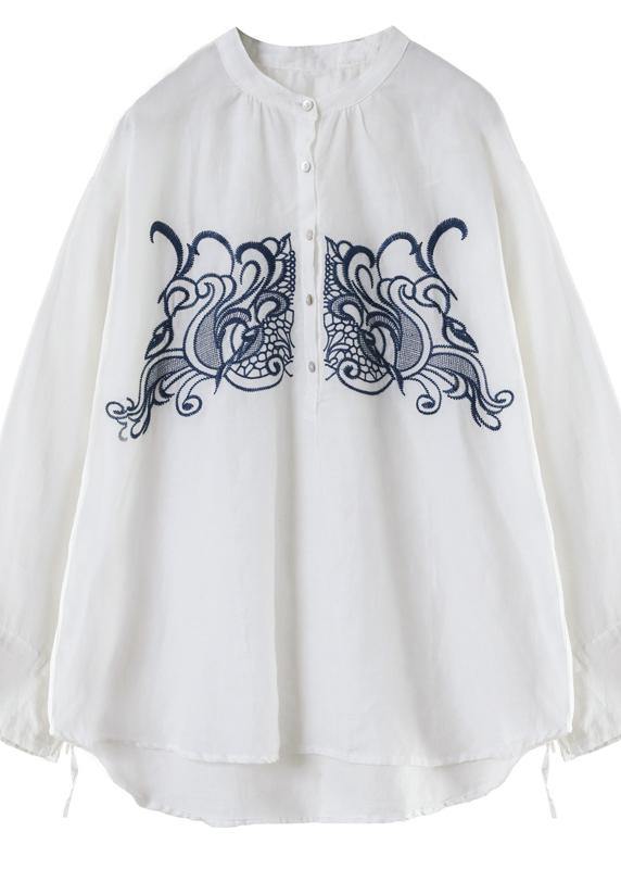 Art White Embroidery Tops Women Stand Collar Daily Spring Top - bagstylebliss