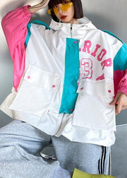 Art White Letter Patchwork Cotton Spring Hooded Coat - bagstylebliss