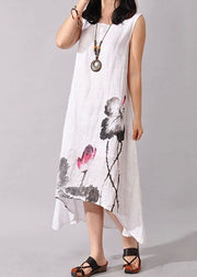 Art White O-Neck Print Low High Design Cotton Dress Summer