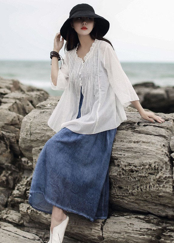 Art White Ruffled Solid Cotton Shirt Tops Three Quarter sleeve