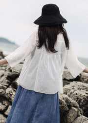 Art White Ruffled Solid Cotton Shirt Tops Three Quarter sleeve