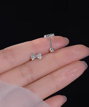 Art White Stainless Steel Zircon Bow Stud Earrings