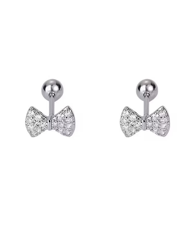 Art White Stainless Steel Zircon Bow Stud Earrings