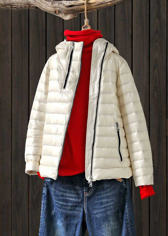 Art White Stand Collar Hooded Zip Up Pockets Duck Down Puffer Jacket Winter