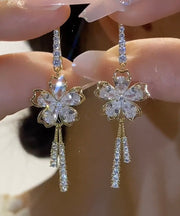 Art White Zircon Floral Bow Tassel Drop Earrings