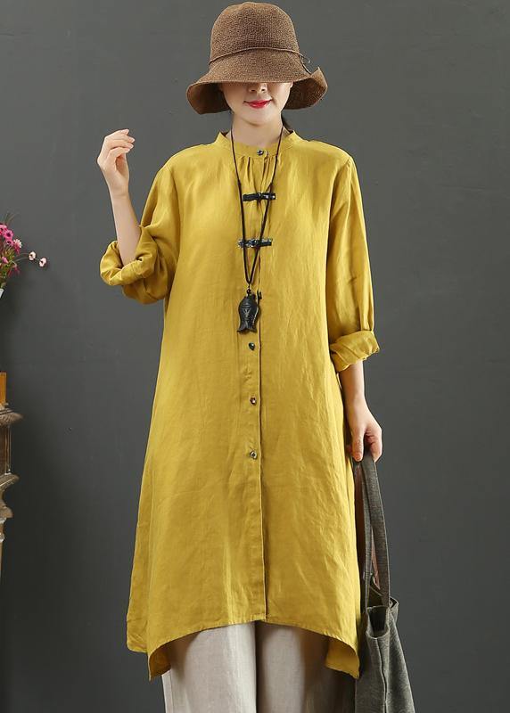 Art Yellow Blouses For Women Stand Collar Asymmetric Spring Top - bagstylebliss