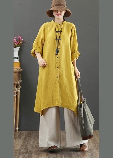 Art Yellow Blouses For Women Stand Collar Asymmetric Spring Top - bagstylebliss