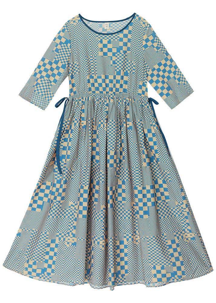 Art Yellow Blue Plaid tie waist Dress Summer Linen Dress - bagstylebliss