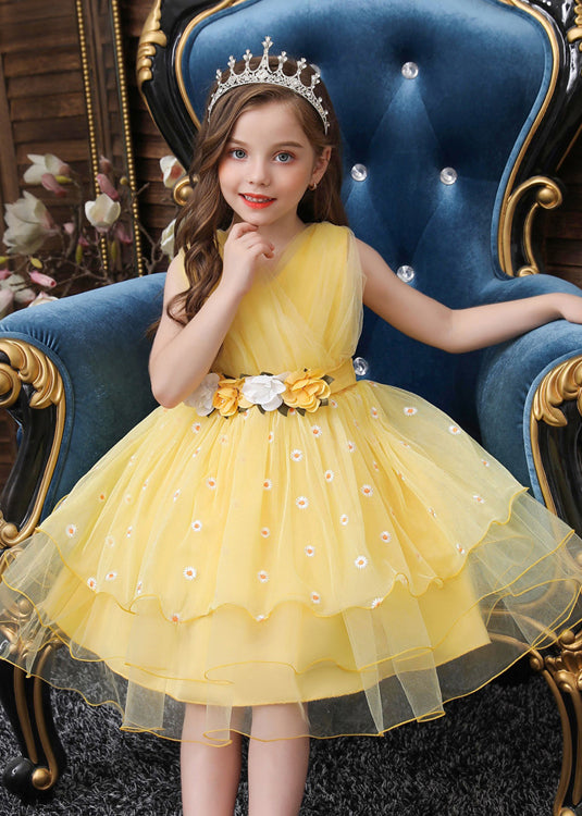 Art Yellow Embroidered Daisy Tulle Baby Girls Party Dress Summer