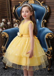 Art Yellow Embroidered Daisy Tulle Baby Girls Party Dress Summer