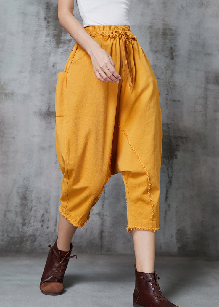 Art Yellow Oversized Patchwork Cotton Harem Pants Spring