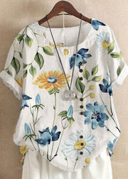 Art Yellow Print O Neck Patchwork Linen T Shirts Top Summer