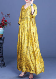 Art Yellow Print Silk Loose Long Dresses Summer - bagstylebliss