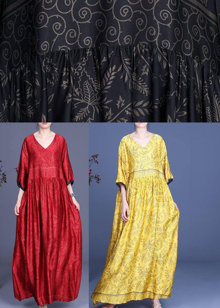 Art Yellow Print Silk Loose Long Dresses Summer - bagstylebliss