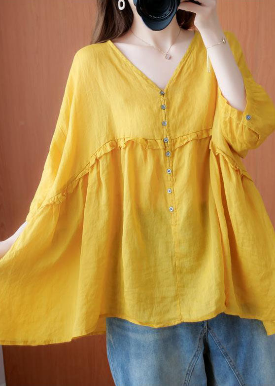 Art Yellow V Neck Button Rüschen asymmetrisches Design Fall Half Sleeve Shirt Top