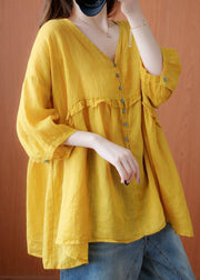 Art Yellow V Neck Button Rüschen asymmetrisches Design Fall Half Sleeve Shirt Top