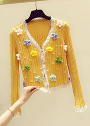 Art Yellow V Neck Floral Lace Patchwork Nail Bead Knit Sweater Fall