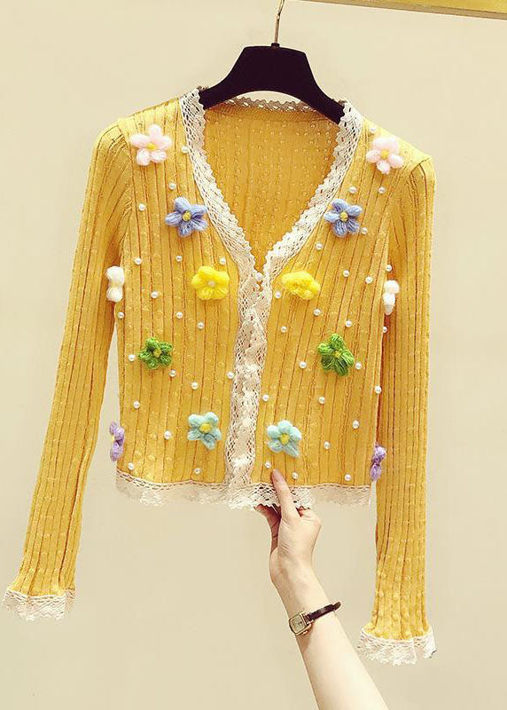 Art Yellow V Neck Floral Lace Patchwork Nail Bead Knit Sweater Fall