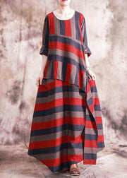 Art asymmetric linen dresses Catwalk red striped patchwork Dress fall - bagstylebliss