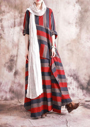 Art asymmetric linen dresses Catwalk red striped patchwork Dress fall - bagstylebliss